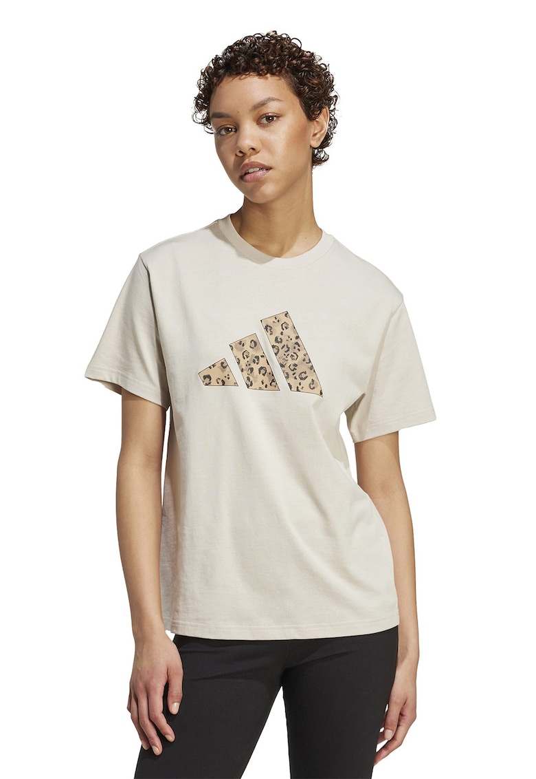 Tricou din bumbac cu imprimeu logo - Maro camel/Bej deschis