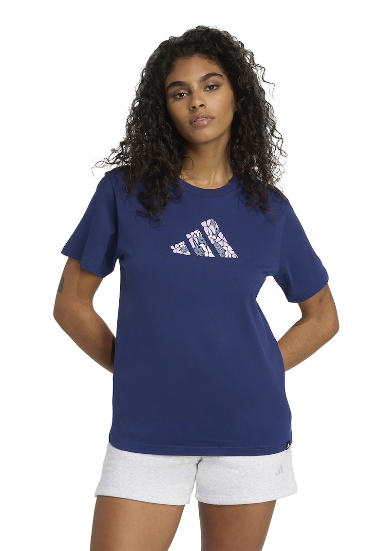 Tricou din bumbac cu imprimeu logo - Albastru inchis/Roz pastel