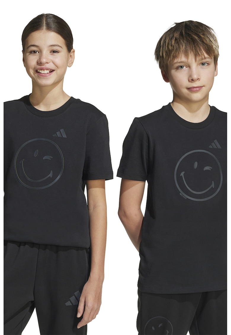Tricou cu decolteu la baza gatului si fata zambitoare - Negru