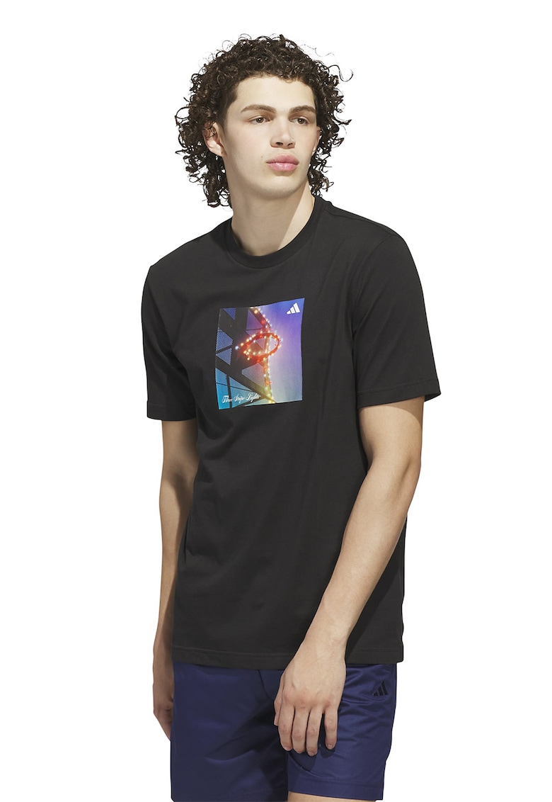 Tricou cu decolteu la baza gatului si imprimeu - Negru
