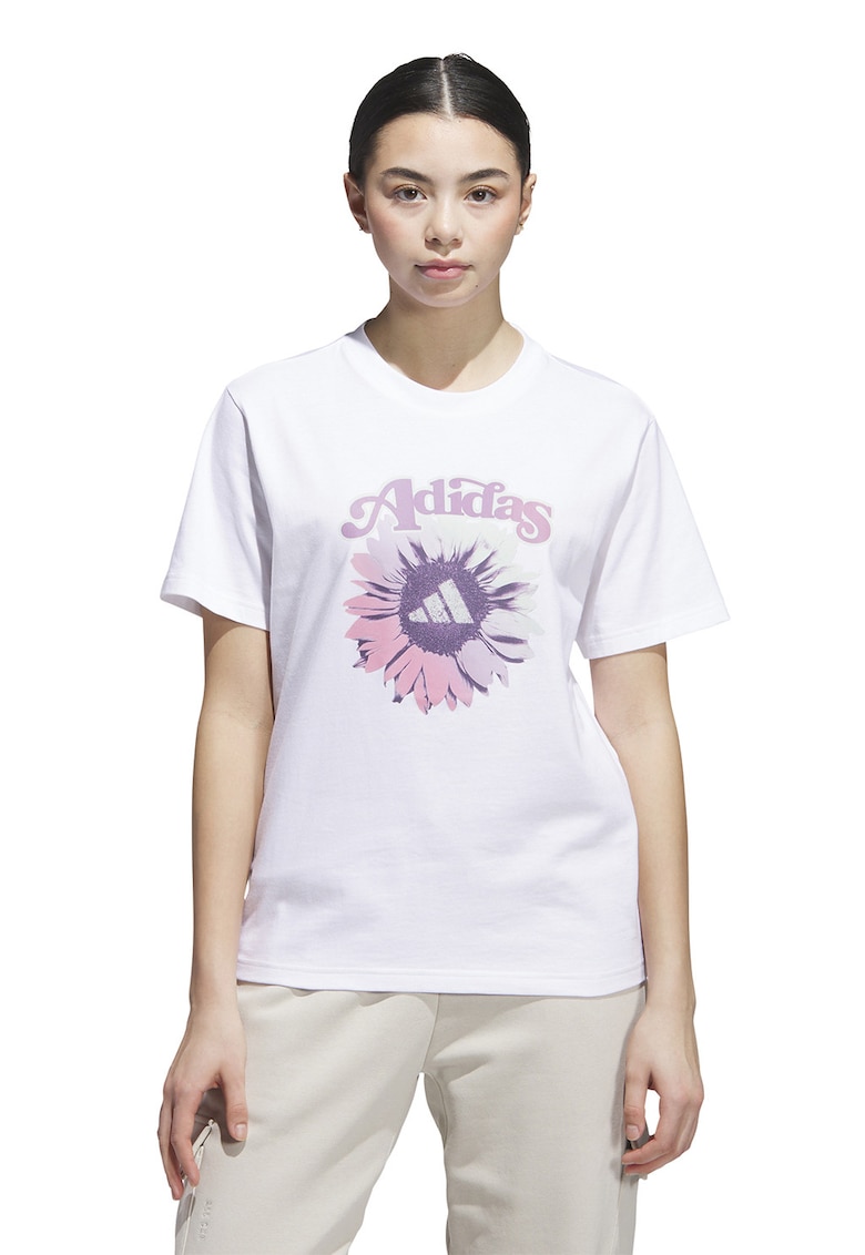 Tricou cu decolteu la baza gatului si logo - Alb/Lila