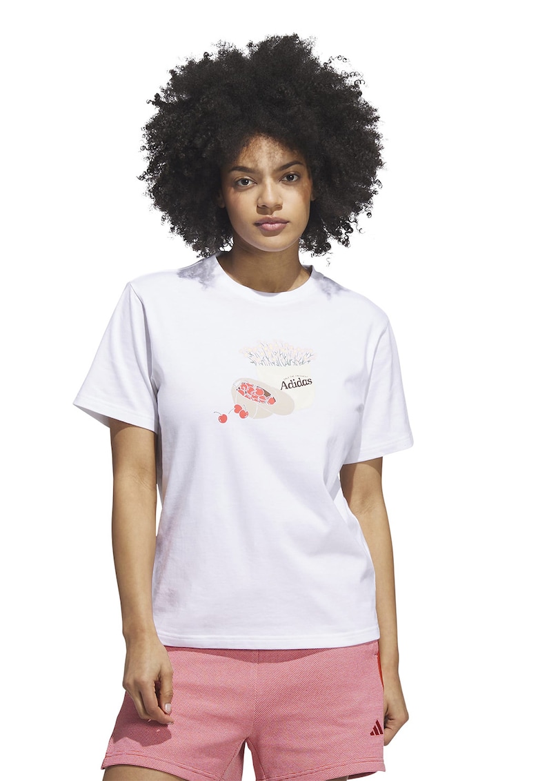 Tricou cu decolteu la baza gatului si imprimeu - Alb/Piersica