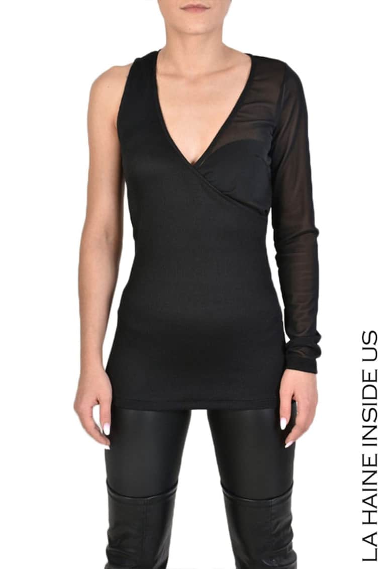 Bluza cu o singura maneca - decolteu in V si insertie din tul Bluza cu o singura maneca - decolteu in V si insertie din tul