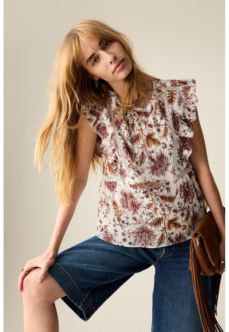 Marks Spencer Bluza cu model si maneci cu volane - Alb/Maro/Crem
