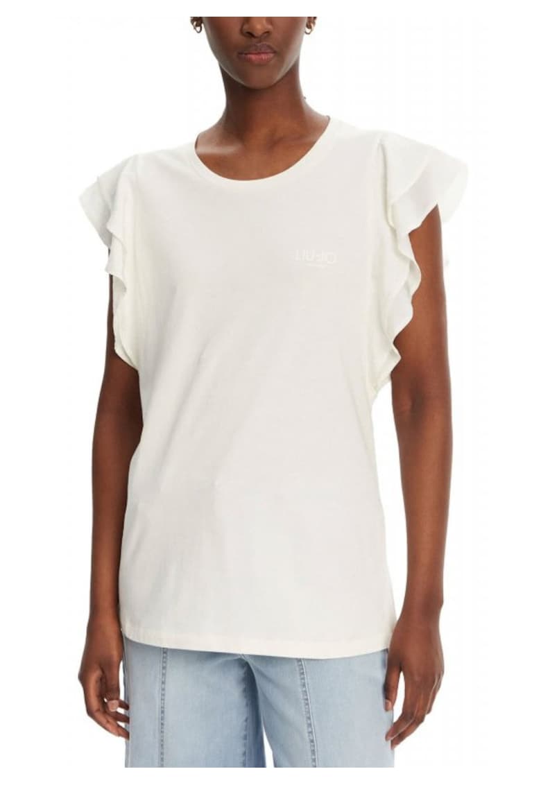 Tricou dama model MODA - maneci cu volane - alb - bumbac