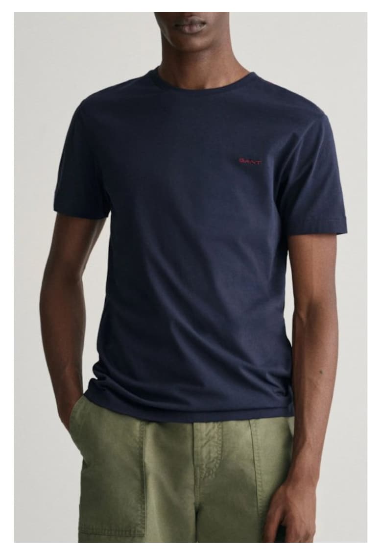 Tricou barbati slim fit - logo contrastant - albastru - bumbac