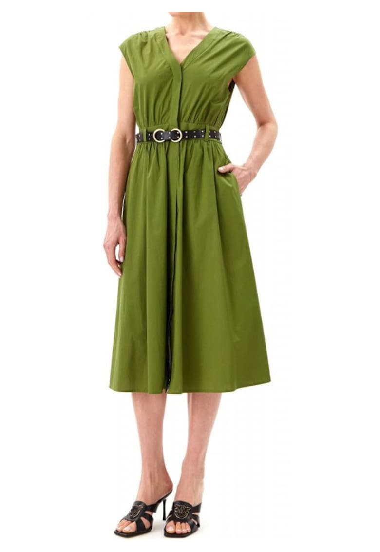 Rochie midi dama - decolteu in V - bumbac organic/elastan - verde