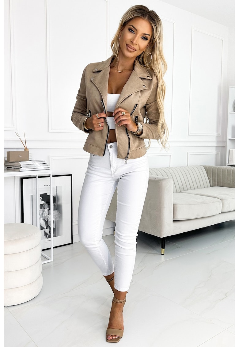 Geaca dama din material moale - cu maneca lunga si fermoare -