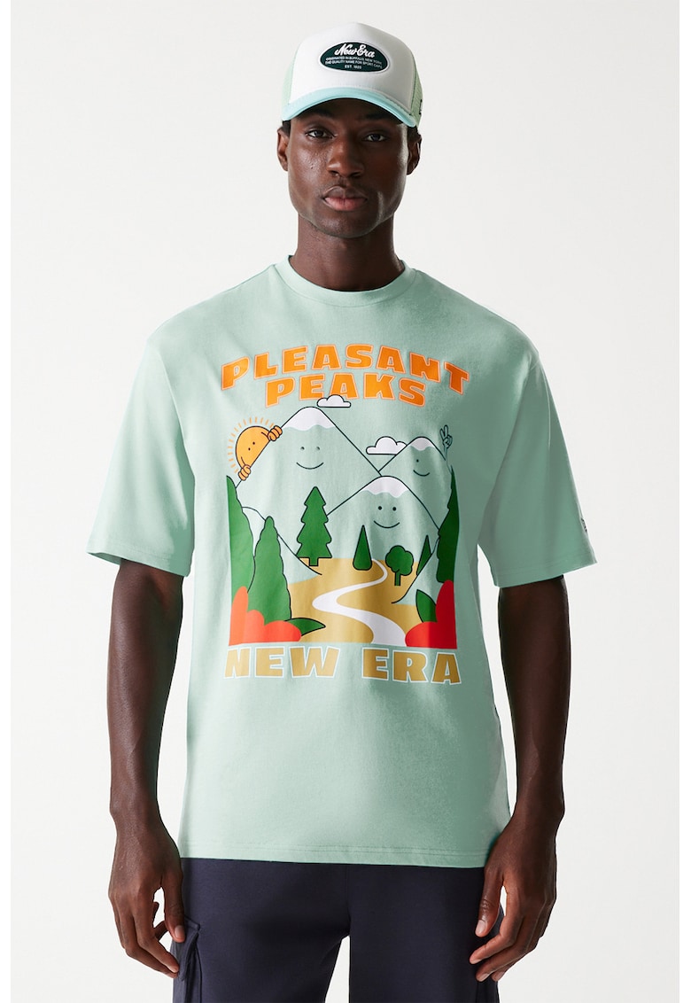 Tricou cu imprimeu grafic si decolteu la baza gatului - Verde/Portocaliu/Verde pal