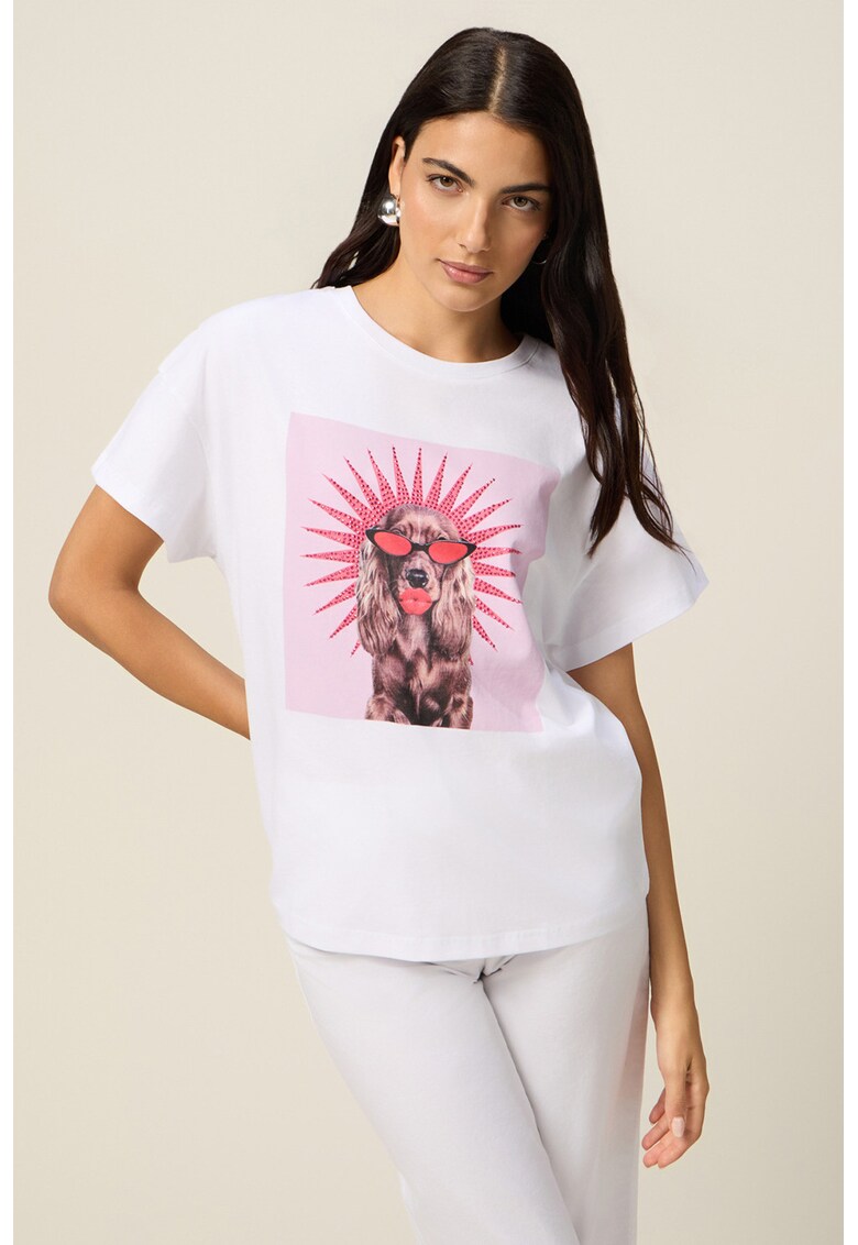 Tricou cu decolteu la baza gatului si imprimeu - Roz deschis/Alb optic