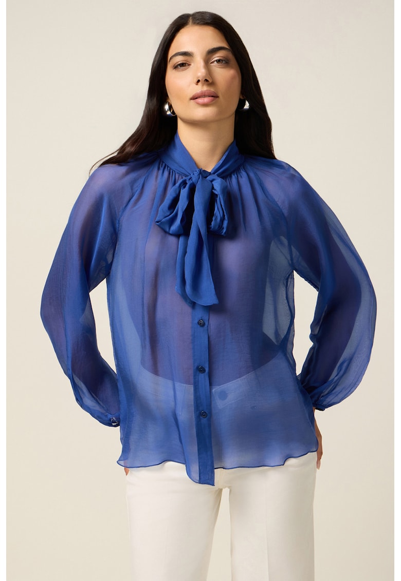 Camasa transparenta din amestec de matase cu guler cu funda din panglici