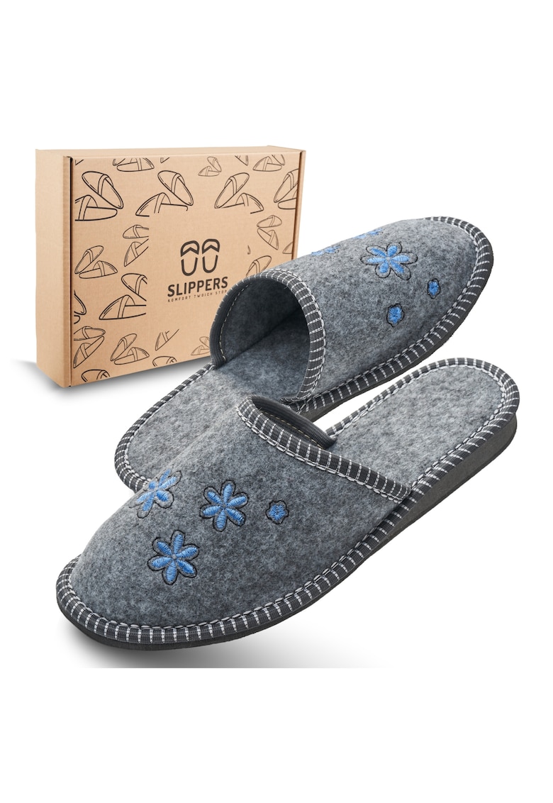 Papuci de dama - din fetru gri cu flori albastre - confortabili - in cutie ecologica - Gri
