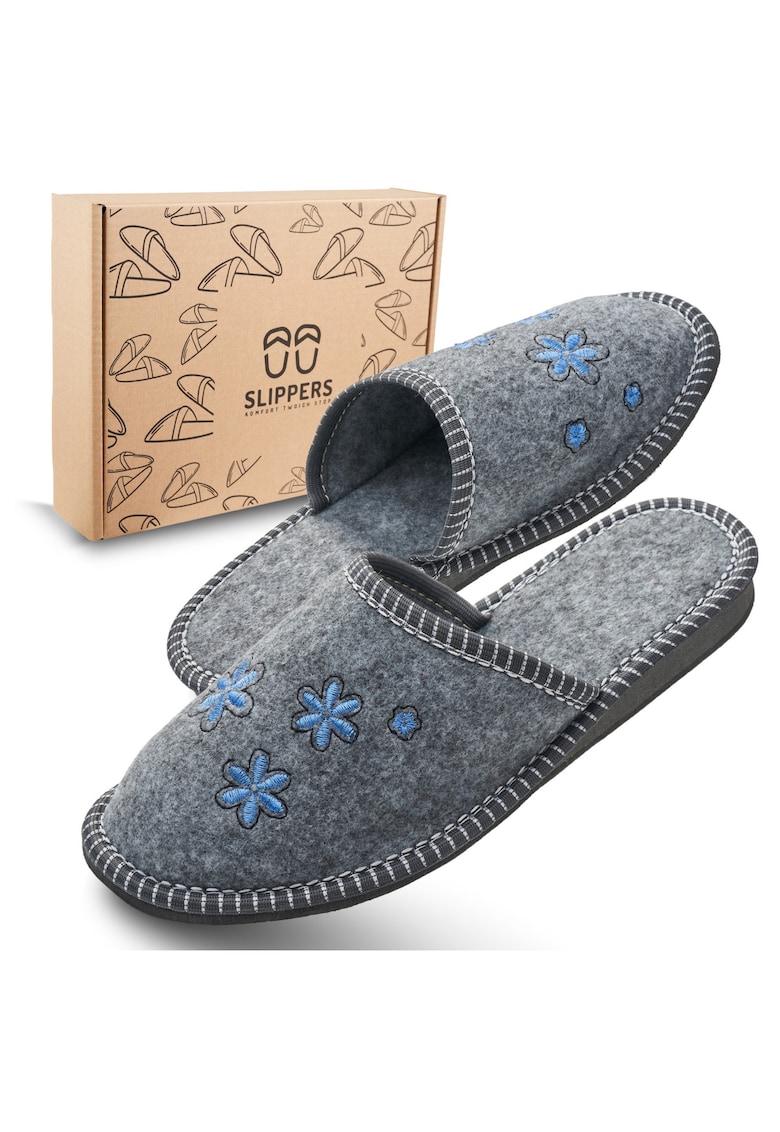 Papuci de dama - din fetru gri cu flori albastre - confortabili - in cutie ecologica - - Gri