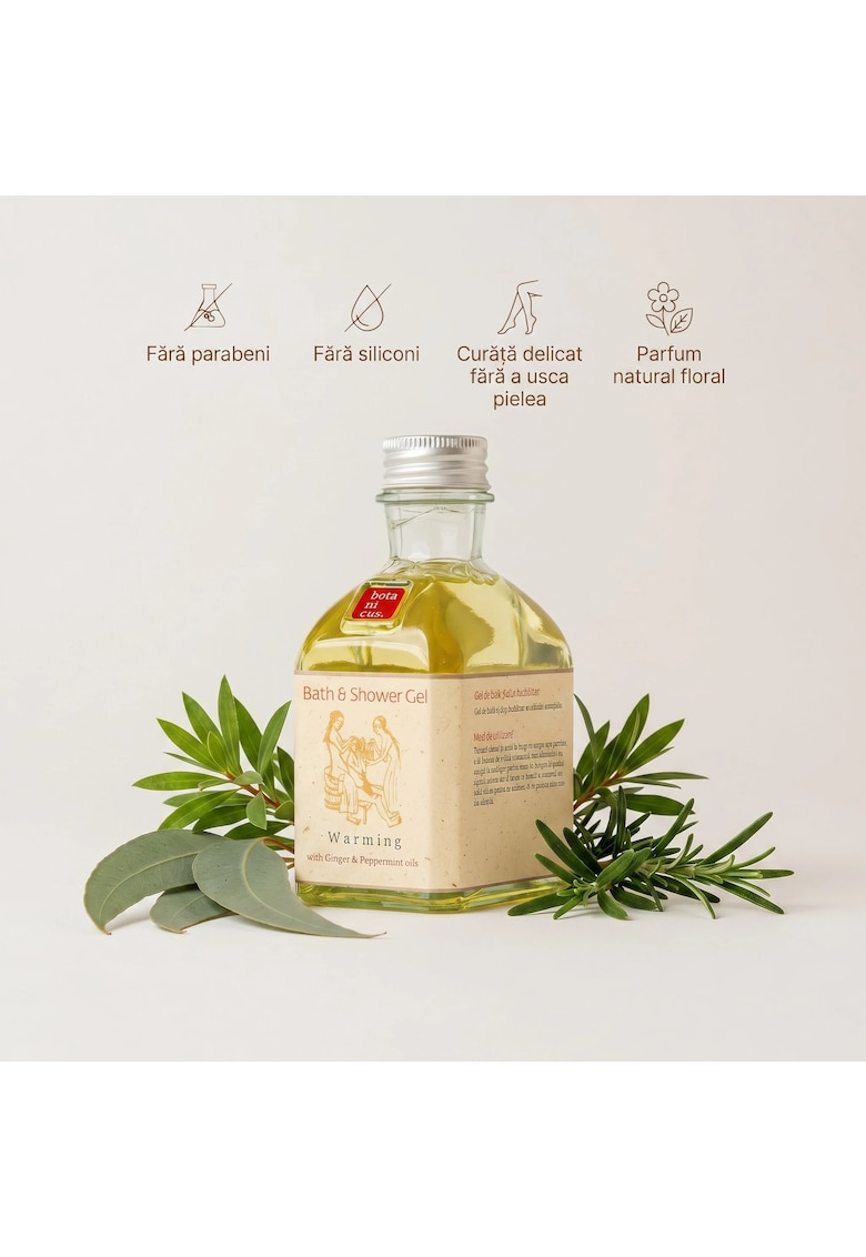 Gel de dus Incalzitor 195 ml - formula cu ingrediente botanice - fara parabeni - siliconi - coloranti sau parfumuri sintetice - cu uleiuri esentiale de Ghimbir - Menta - Rozmarin - Ecualipt