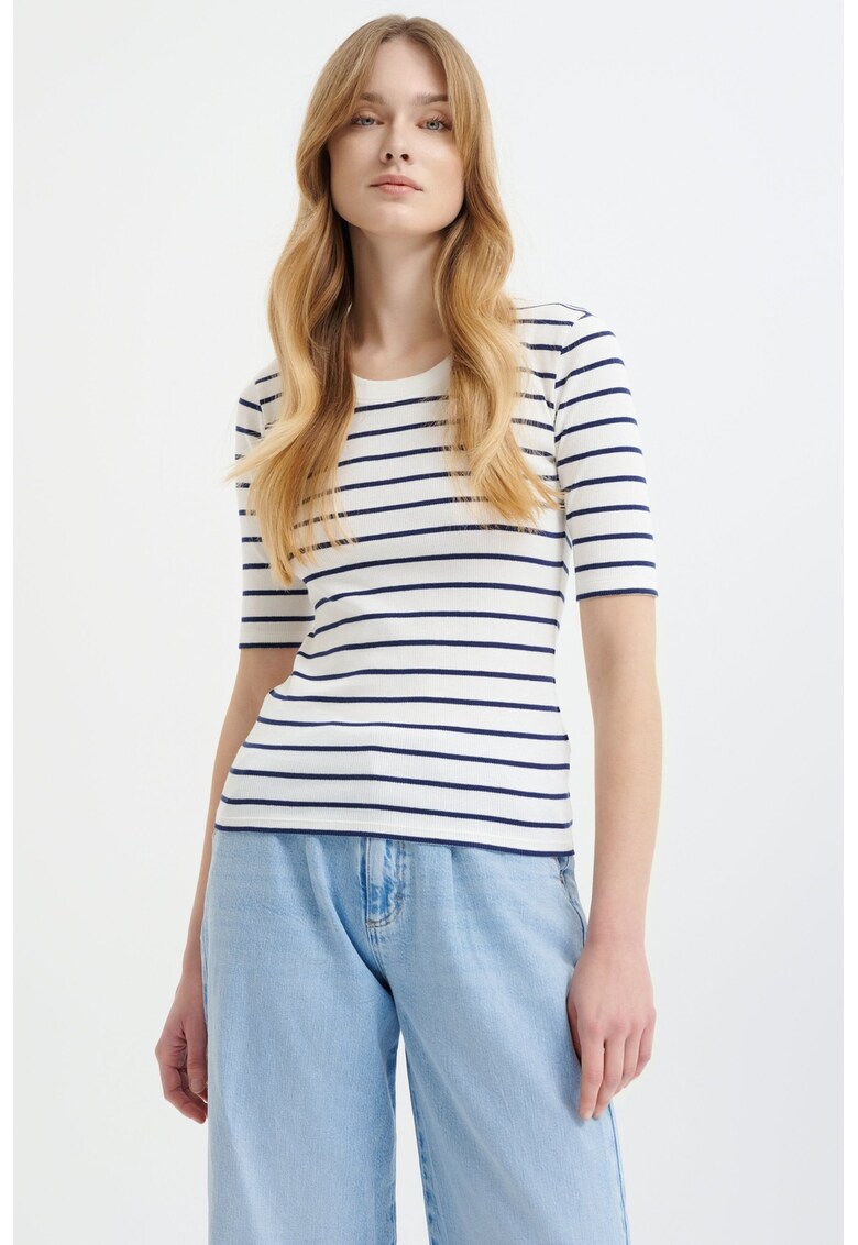 Tricou slim fit striat - Alb/Bleumarin