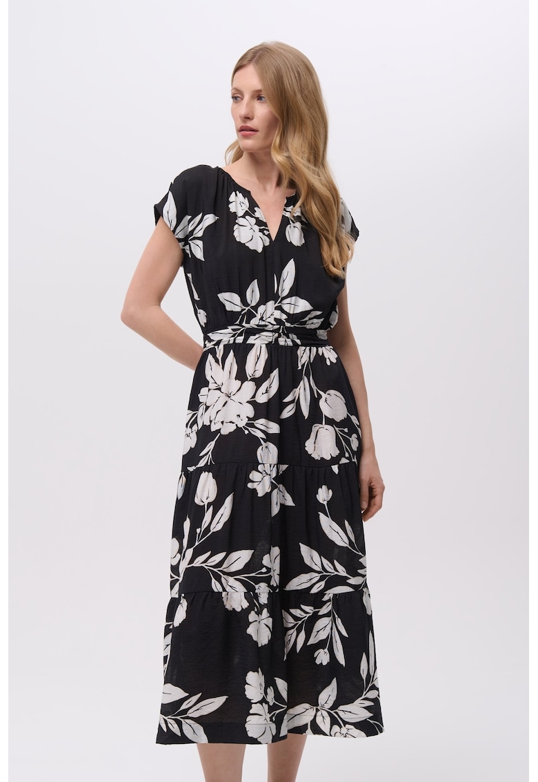 Rochie cu decolteu in V si imprimeu floral - Alb/Negru