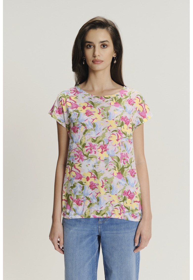 Tricou cu model floral si decolteu rotund