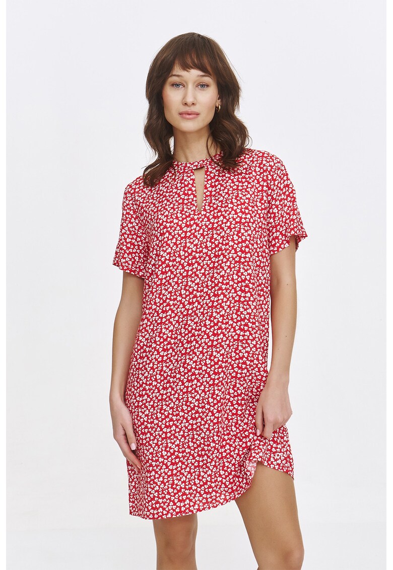Rochie scurta cu model floral - Rosu/Alb