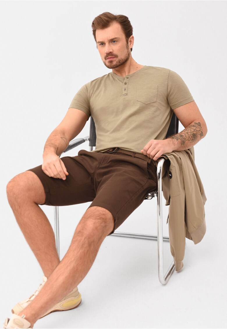 Tricou pentru barbati T-Warren bej cu gat cu nasturi - Bej