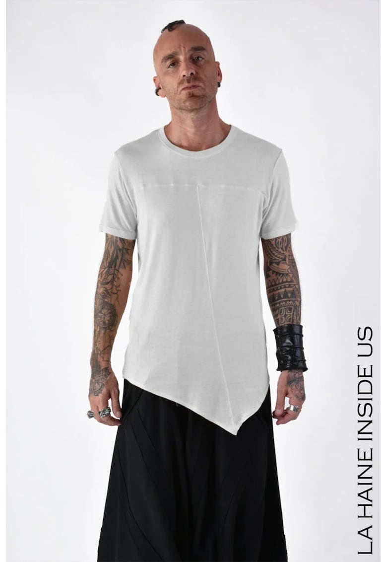 Tricou regular fit asimetric transparent cu guler rotund