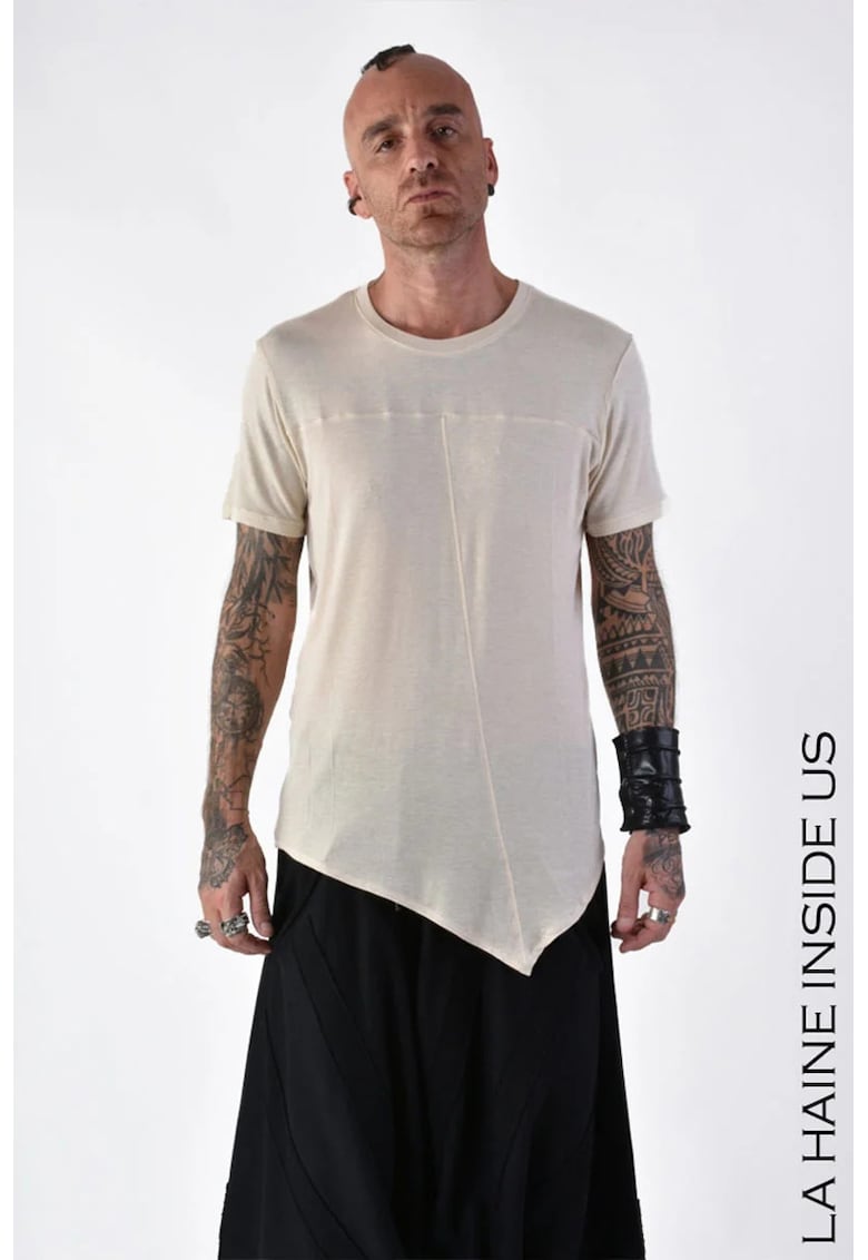 Tricou regular fit asimetric transparent cu guler rotund