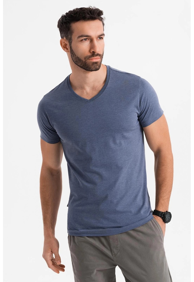 Tricou uni cu decolteu in V - Albastru melange