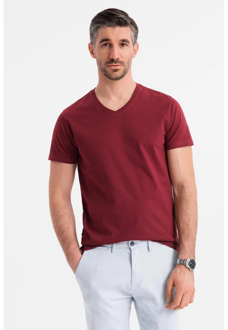 Tricou uni cu decolteu in V - Visiniu