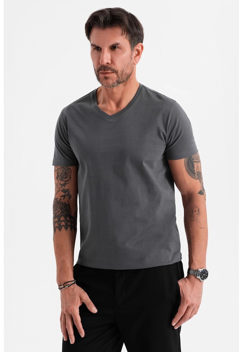 Tricou uni cu decolteu in V - Gri inchis