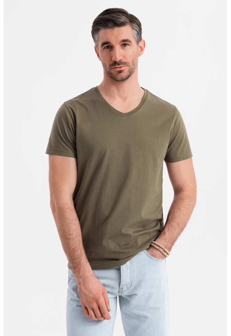 Tricou uni cu decolteu in V - Verde masliniu