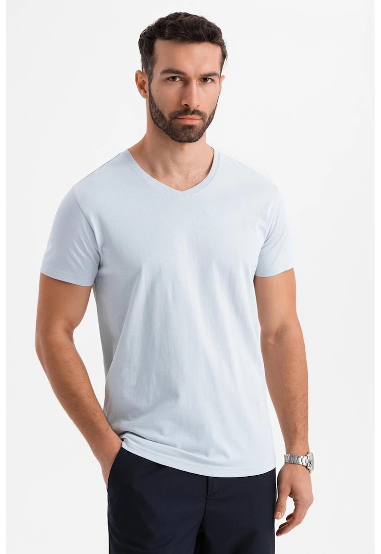 Tricou uni cu decolteu in V - Albastru glaciar