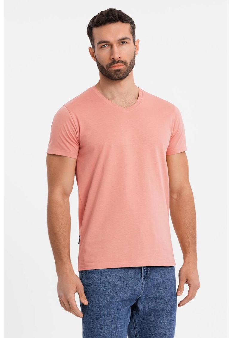 Tricou uni cu decolteu in V - Roz somon