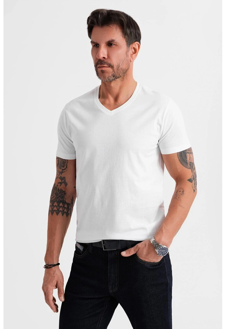 Tricou uni cu decolteu in V - Alb optic