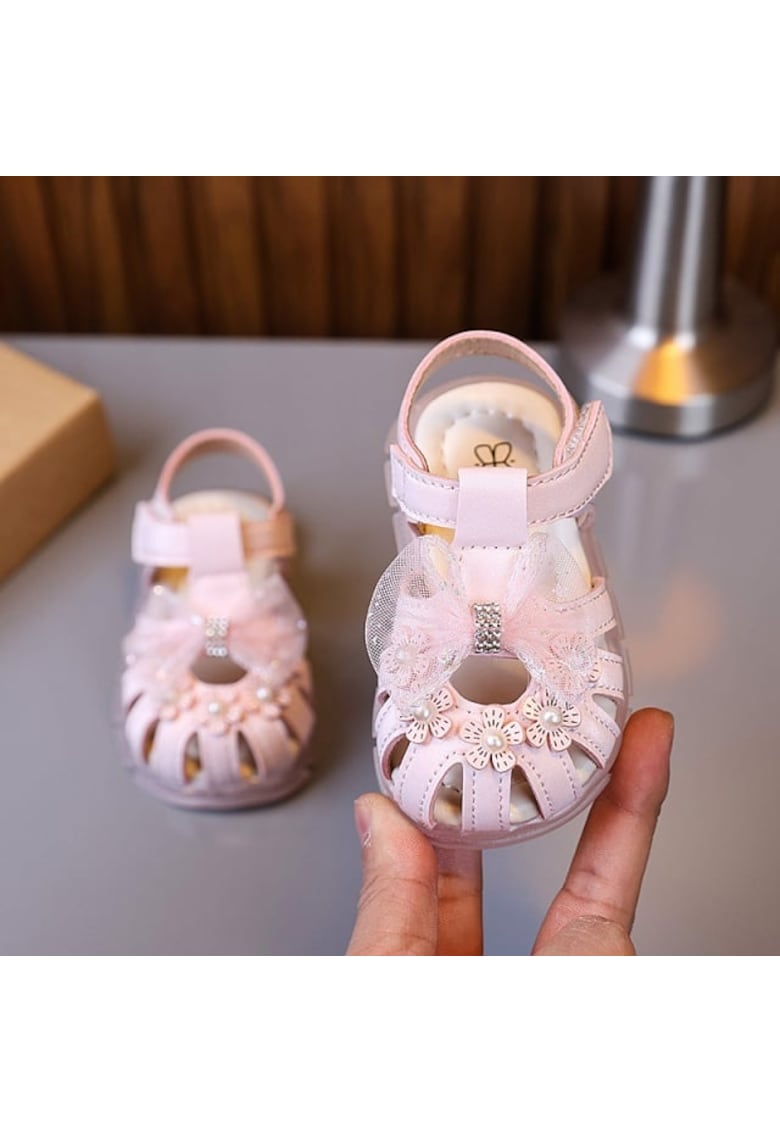 Sandale AL Elegante - Model cu floricele si fundita - Piele ecologica - Velcro - Fete - Roz