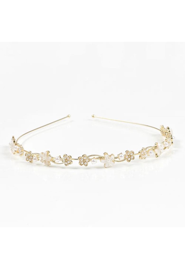 Bentita metalica aurie cu flori albe