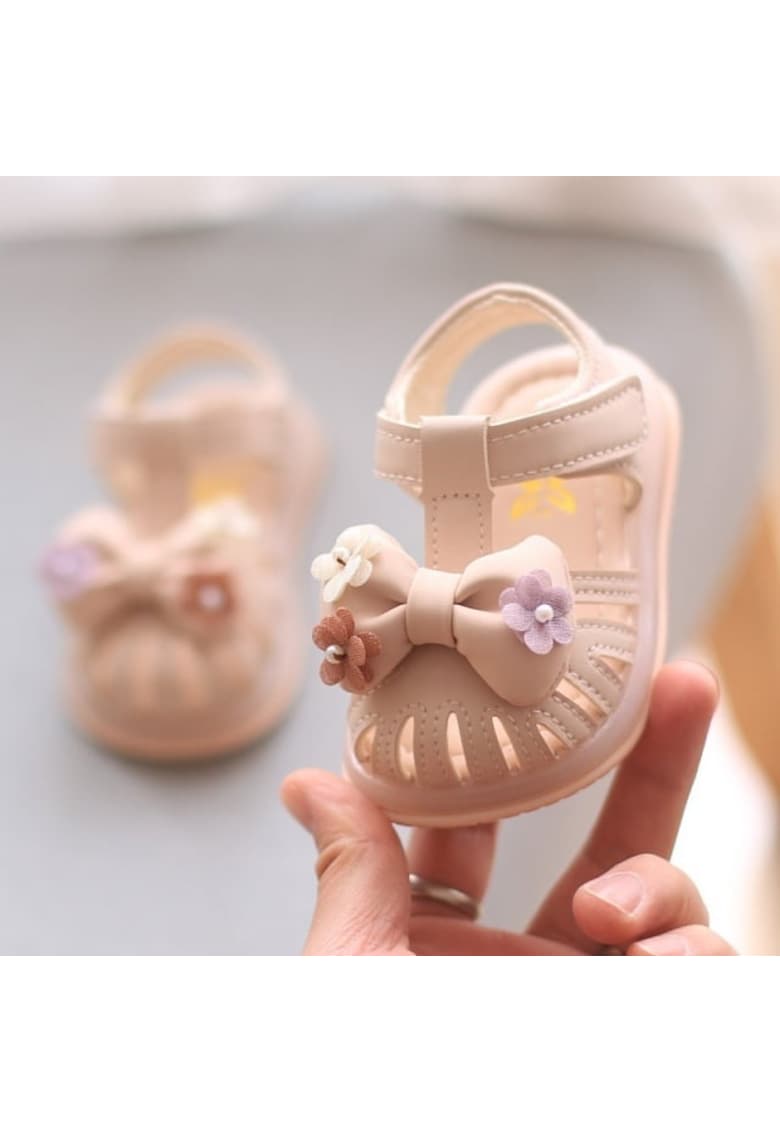 Sandale Model AL cu fundita 3D si floricele aplicate - Piele ecologica - Fete - Roz pudrat