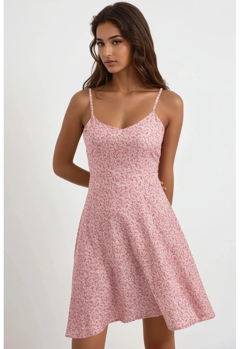 Rochie mini - imprimeu floral - decolteu in V - roz - bumbac