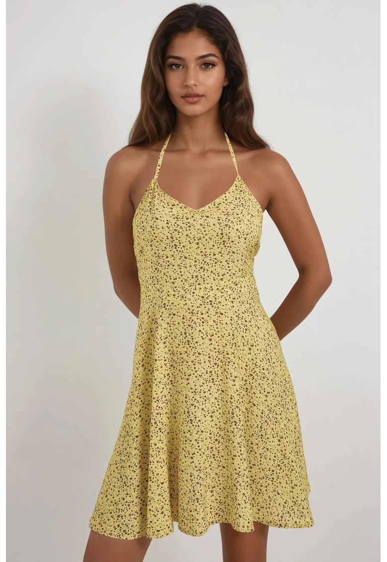 Rochie mini - imprimeu floral - decolteu in V - galben - bumbac