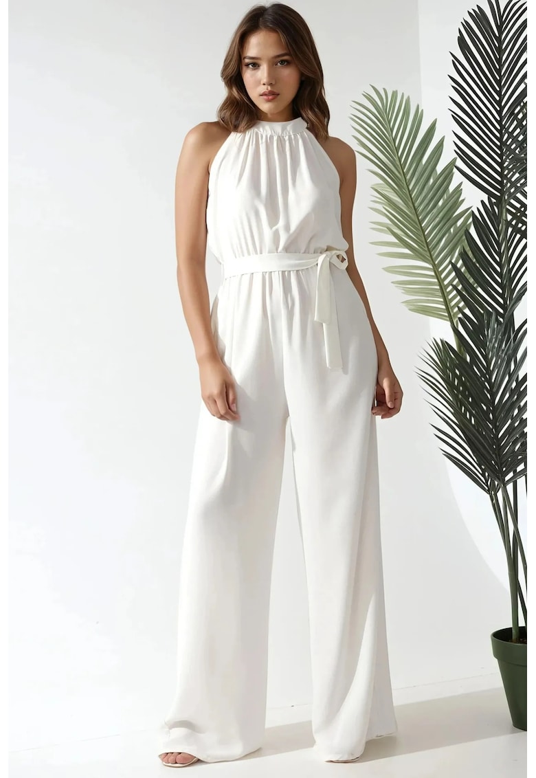 Salopeta dama - cu guler larg - decolteu halter - bej - bumbac