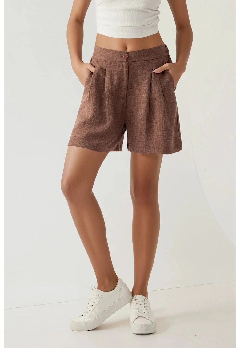 Pantaloni scurti dama talie inalta - plisati - Lyocell/poliester - maro