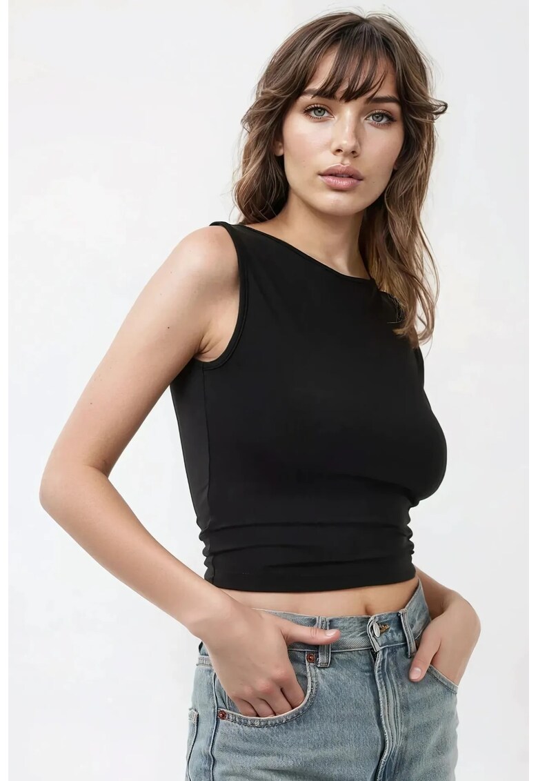 Top scurt slim fit - decolteu tip barca - detaliu la spate - negru - jerseu