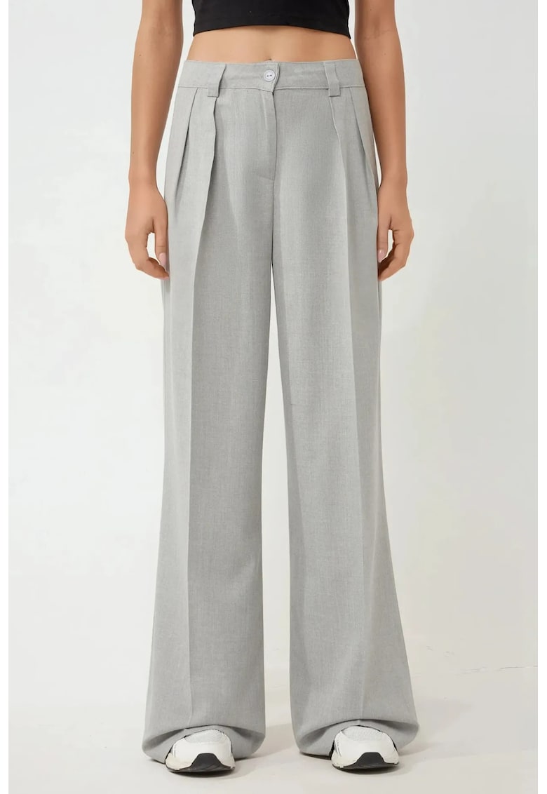 Pantaloni pentru dama - Palazzo - cu talie inalta - textil - gri