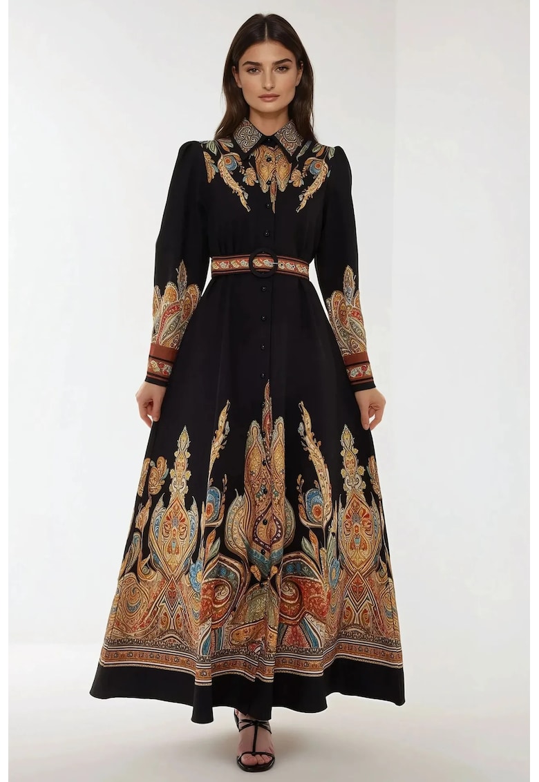Rochie maxi - maneca lunga - multicolor - textil