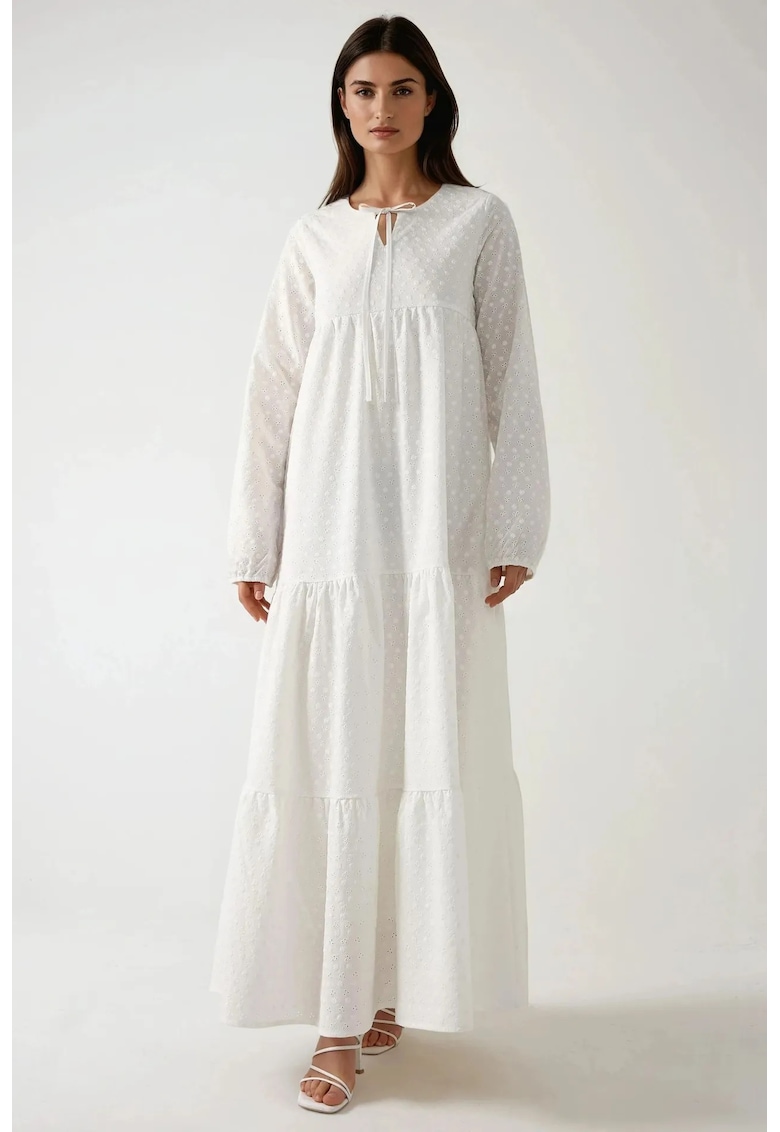 Rochie maxi - decolteu rotund - texturata - alb - textil