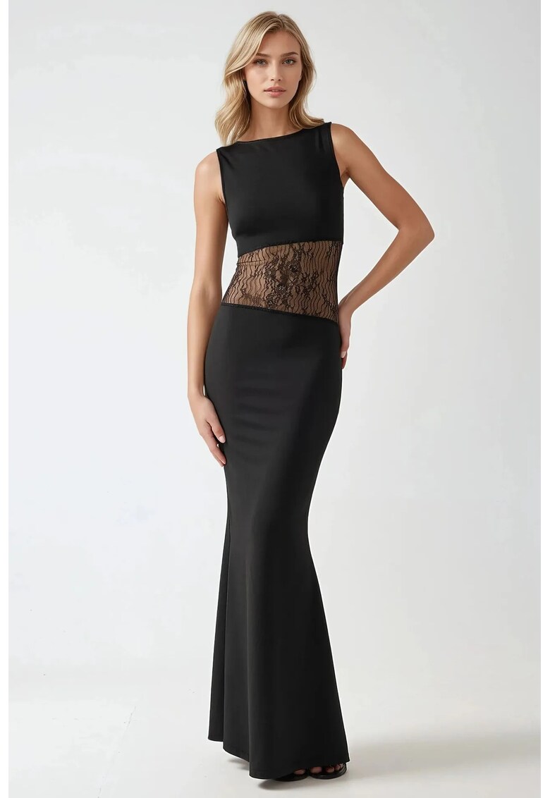 Rochie maxi - mulata - detalii dantelate - neagra - jerseu