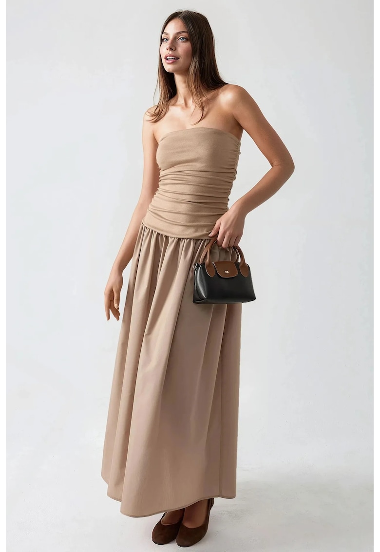 Rochie maxi - fara bretele - maro - textil