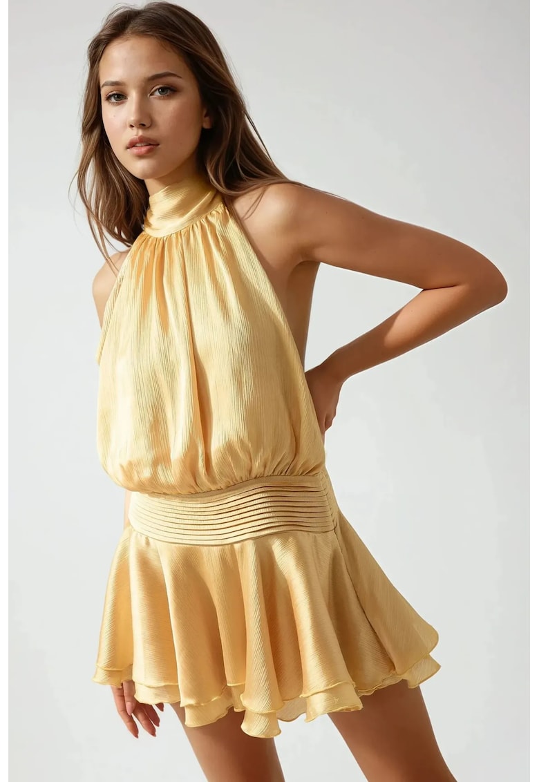 Rochie mini - guler inalt - texturata - galben - textil