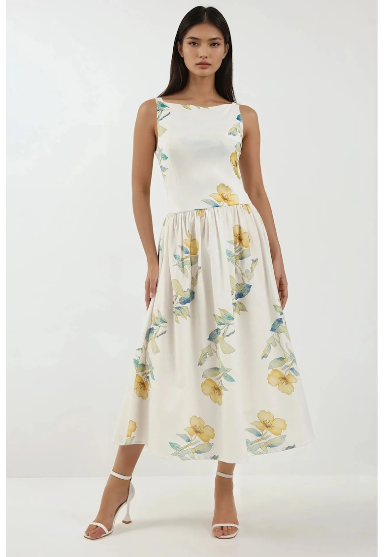 Rochie midi - imprimeu - decolteu barca - alb - textil