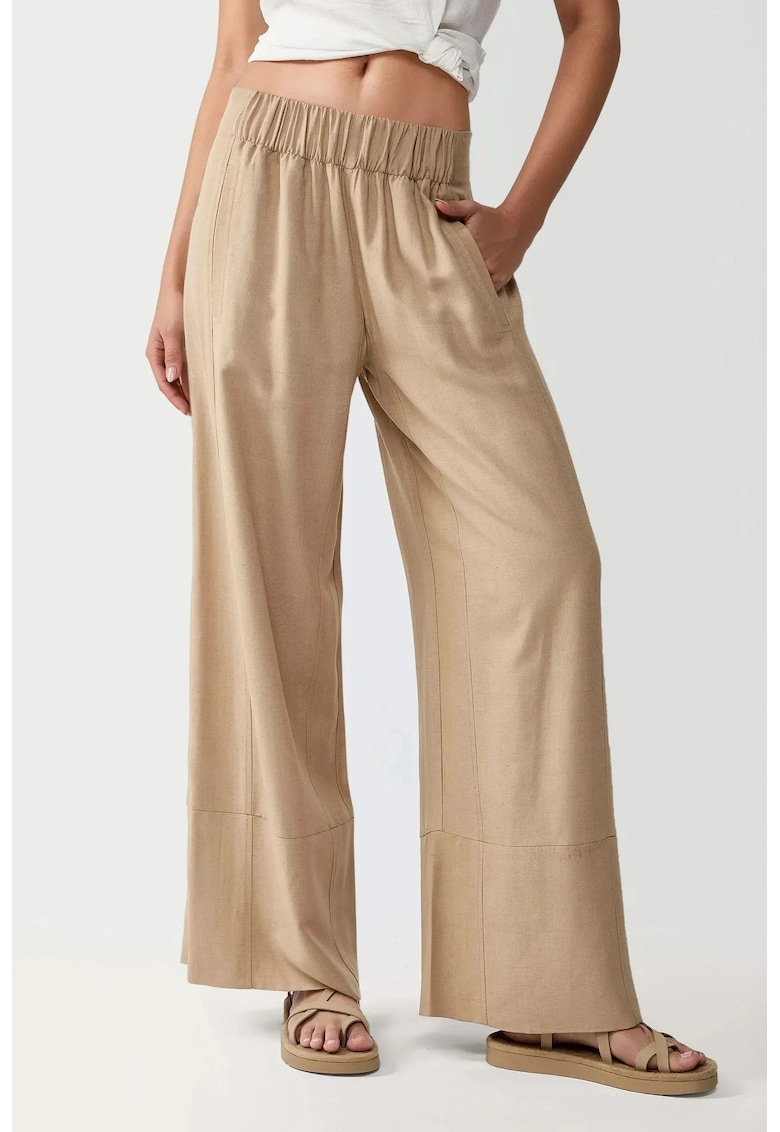 Pantaloni pentru dama - cu talie elastica - croiala larga - textil - bej