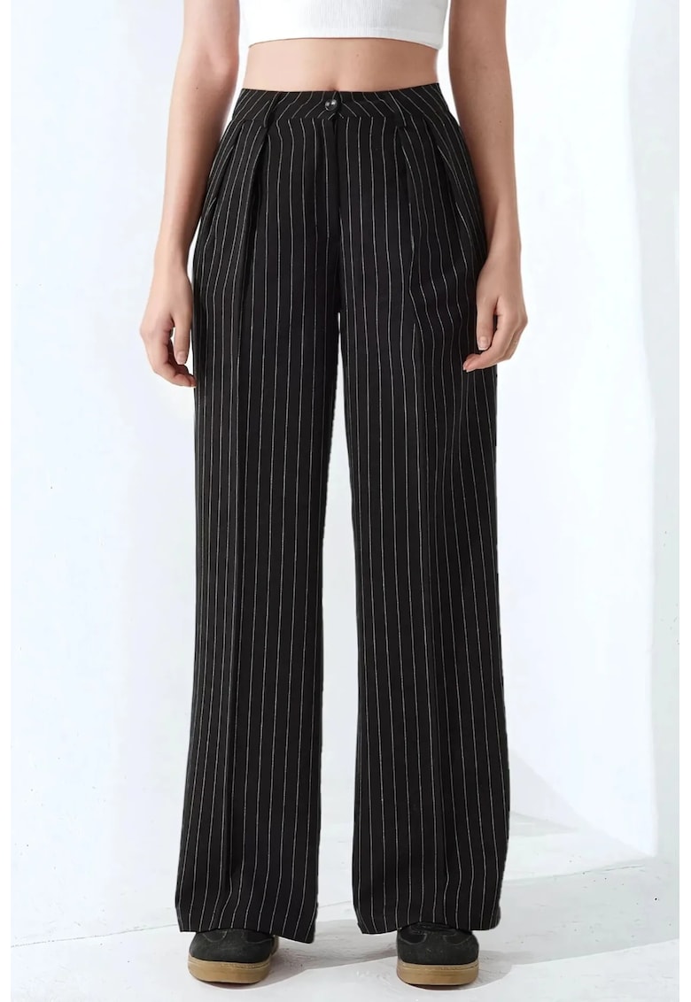 Pantaloni pentru dama - Palazzo - cu dungi - pliati - poliester/viscoza - negru