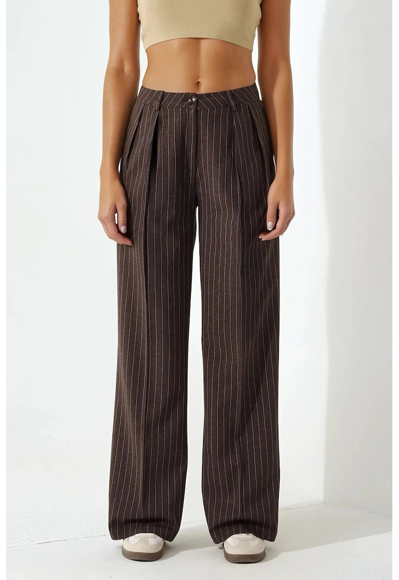 Pantaloni dama - Palazzo - cu dungi - croiala larga - poliester/viscoza - maro